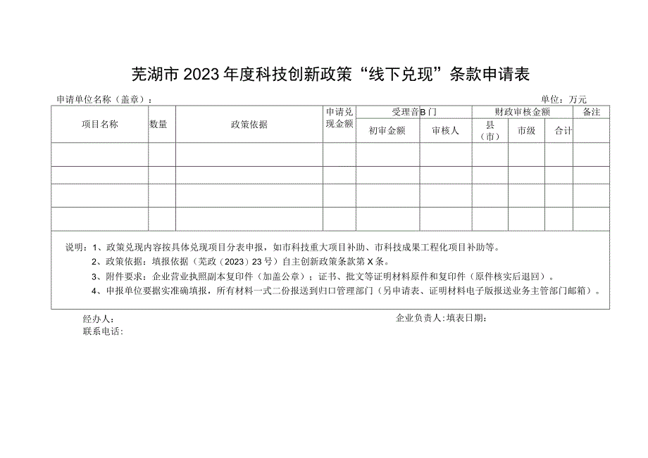 芜湖市2023年度科技创新政策线下兑现条款申请表.docx_第1页