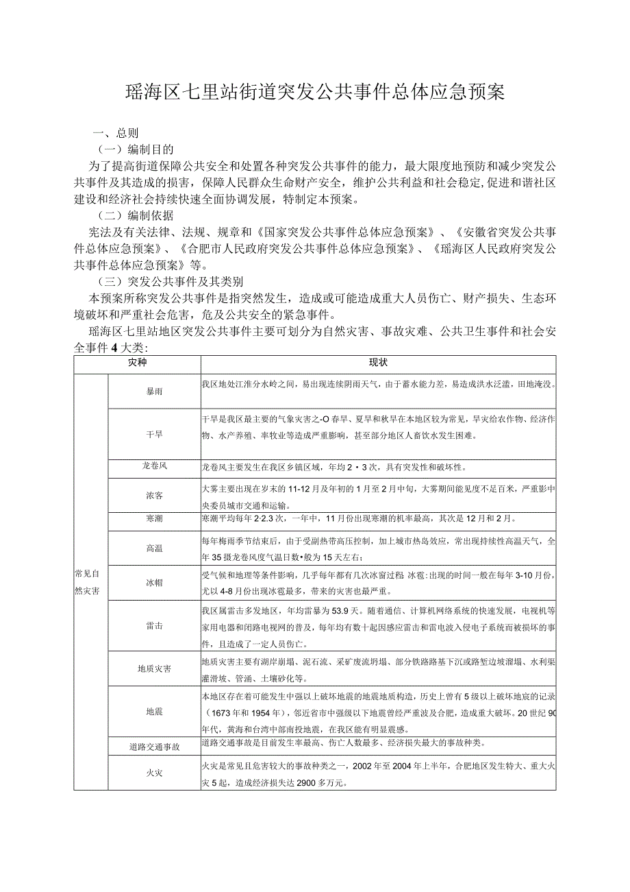 瑶海区七里站街道突发公共事件总体应急预案.docx_第1页