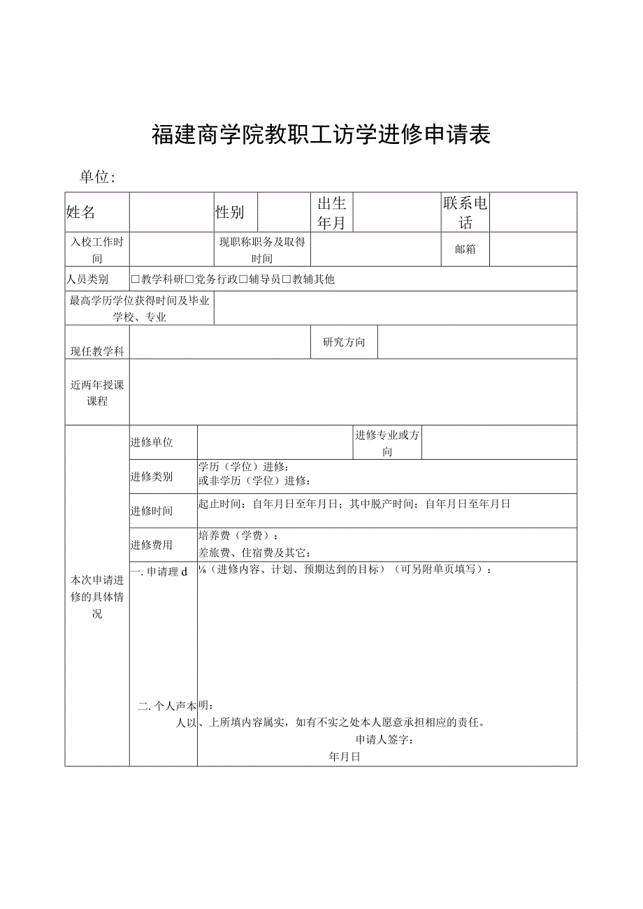 福建商学院教职工访学进修申请表.docx_第1页