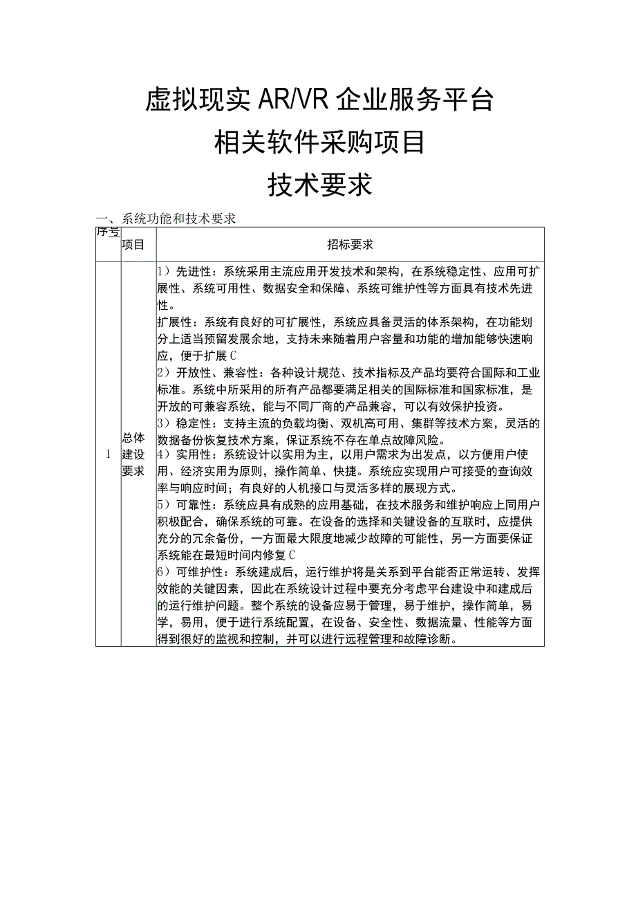 虚拟现实ARVR企业服务平台相关软件采购项目技术要求.docx_第1页