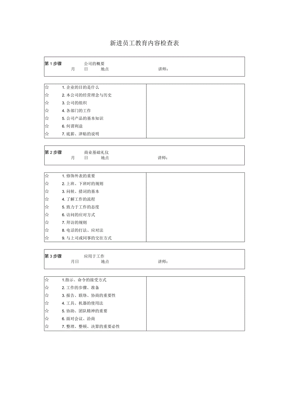 新进员工教育内容检查表.docx_第1页
