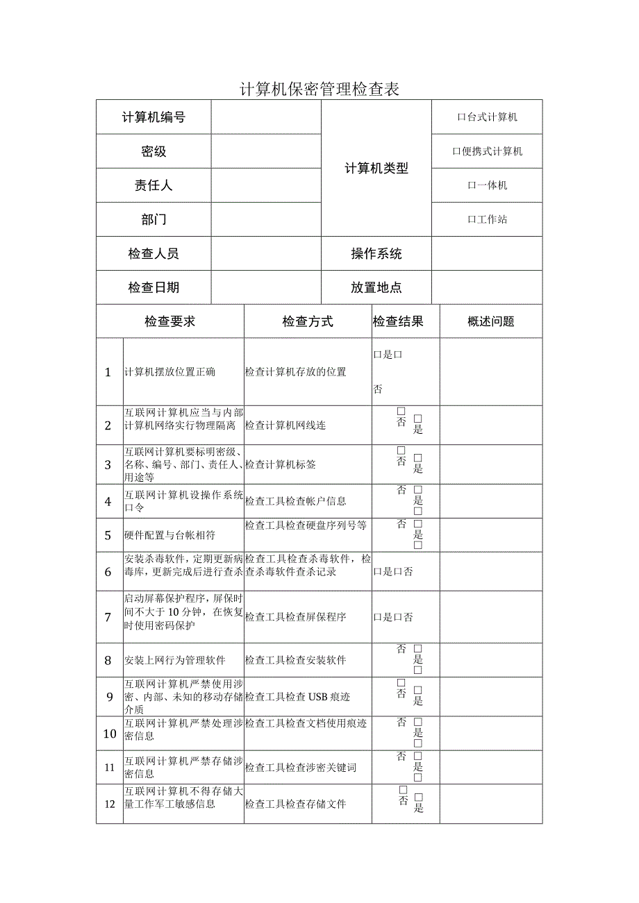 计算机保密管理检查表.docx_第1页