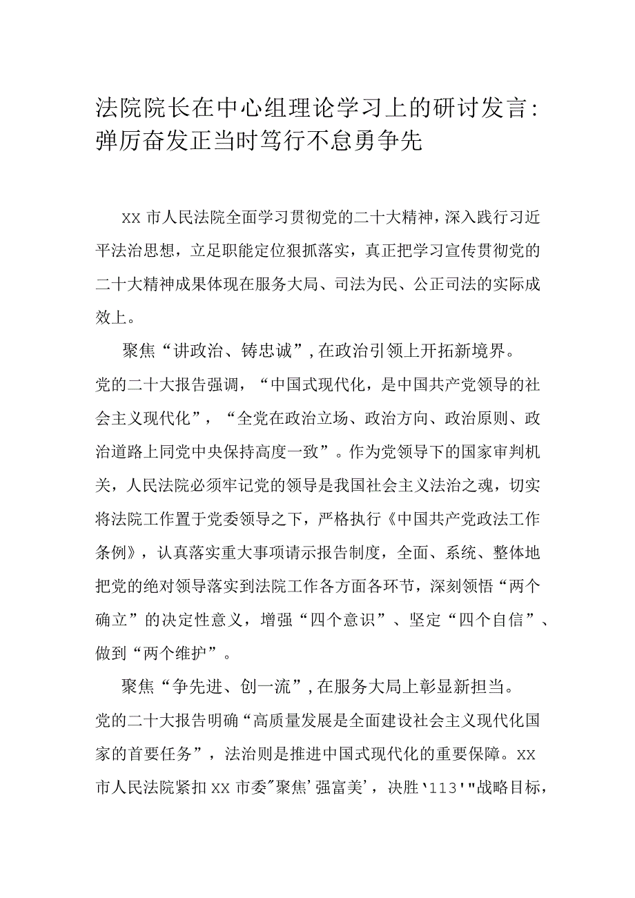 法院院长在中心组理论学习上的研讨发言：踔厉奋发正当时 笃行不怠勇争先.docx_第1页