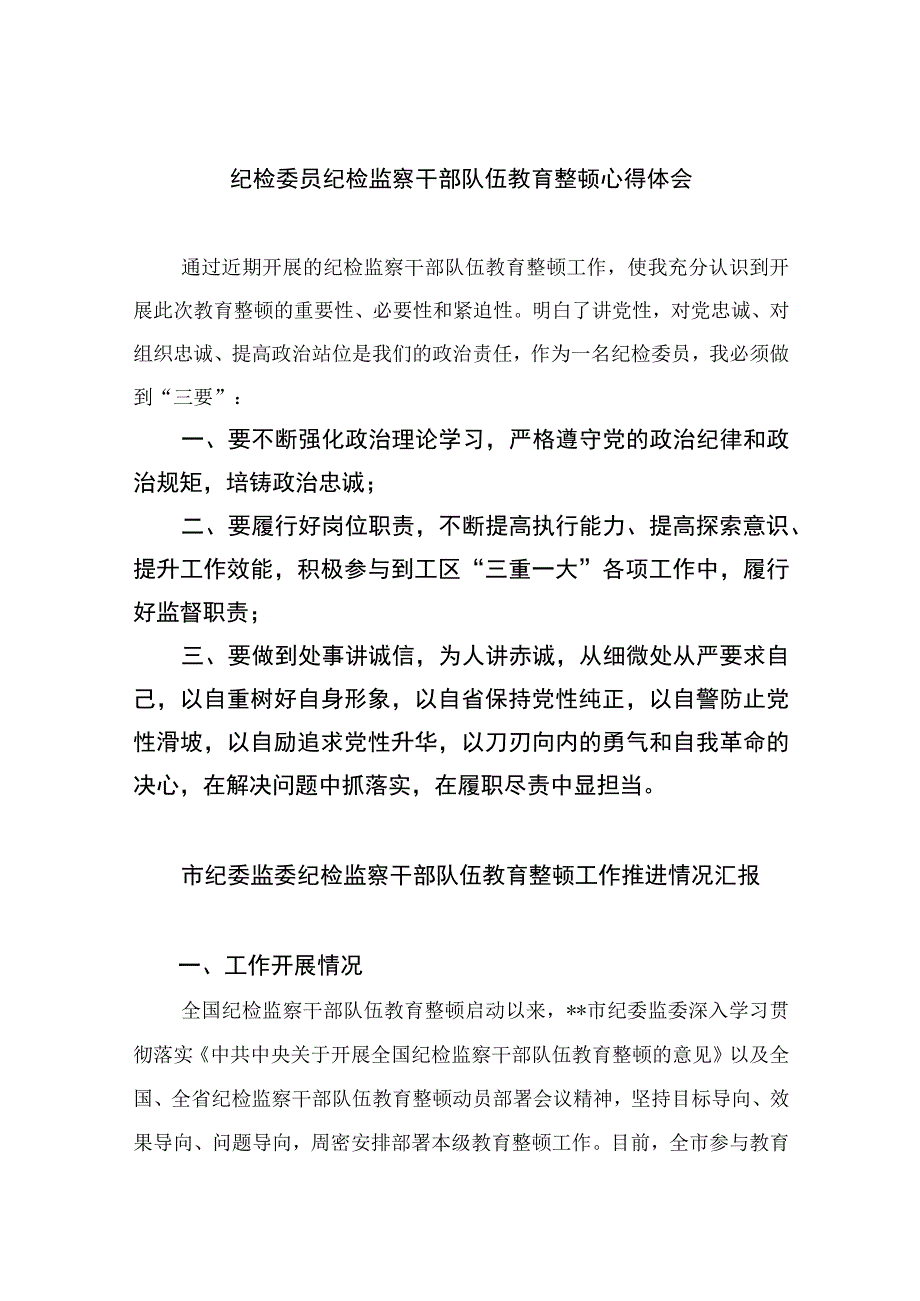 2023纪检委员纪检监察干部队伍教育整顿心得体会精选10篇.docx_第1页