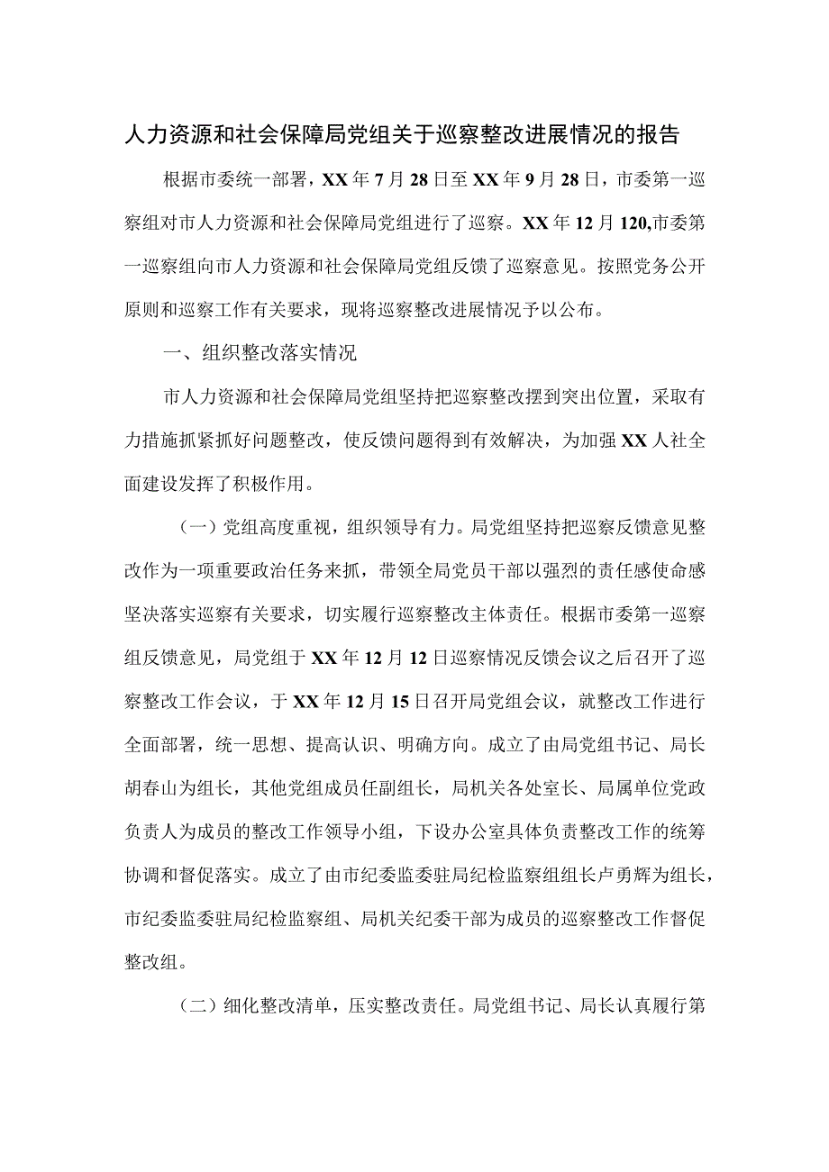 人力资源和社会保障局党组关于巡察整改进展情况的报告九页.docx_第1页