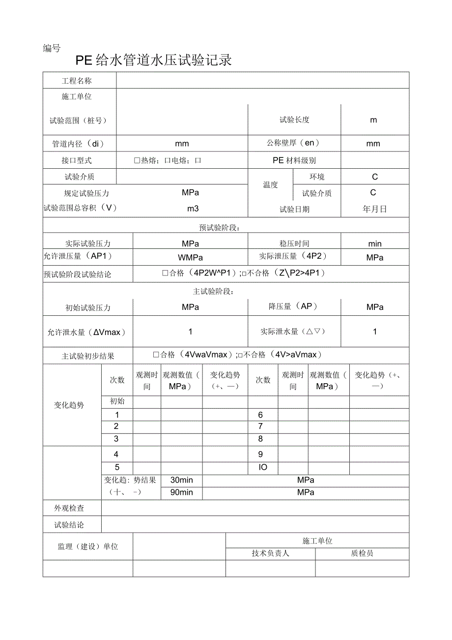 PE给水管道水压试验记录表.docx_第1页