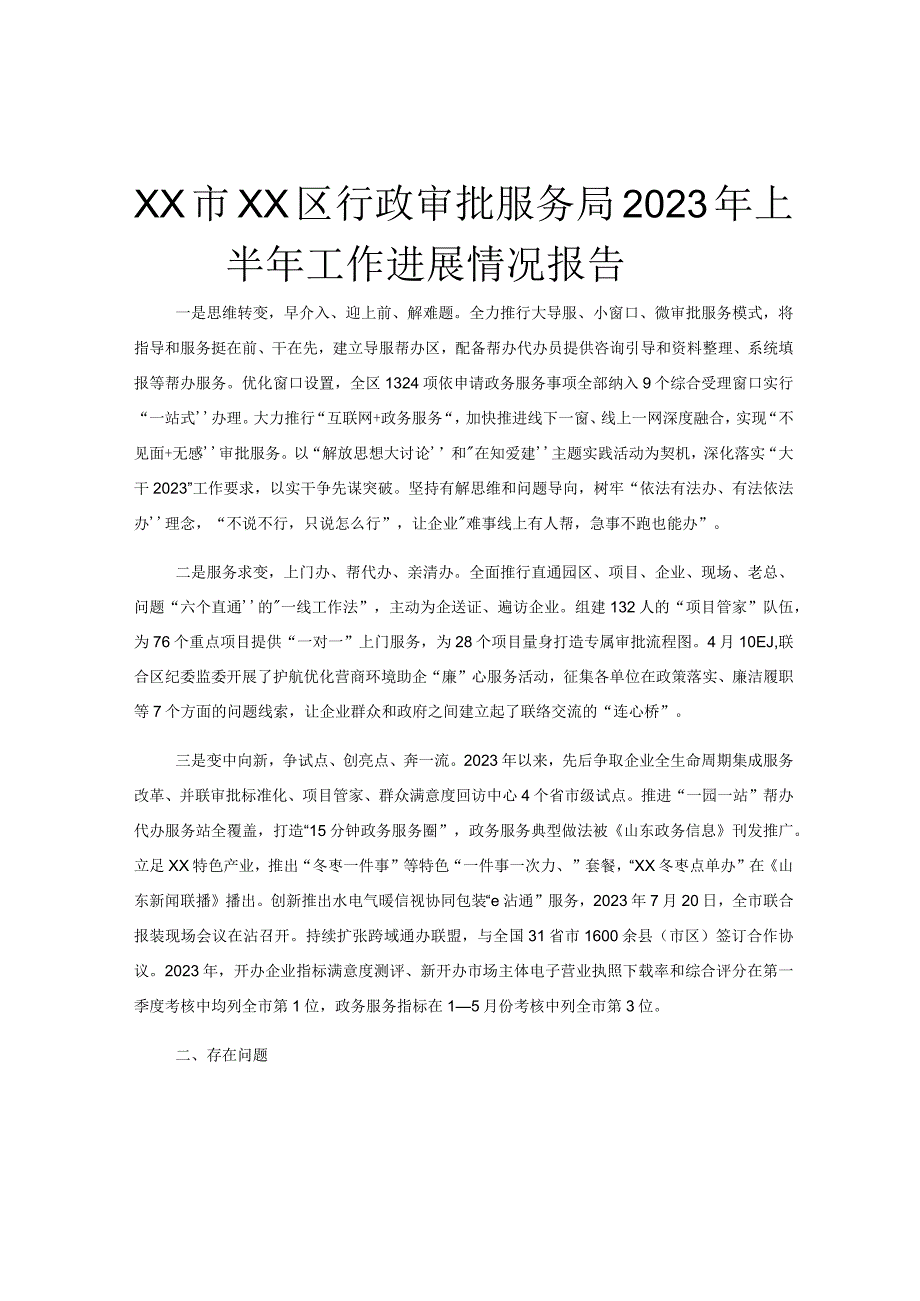 XX市XX区行政审批服务局2023年上半年工作进展情况报告.docx_第1页