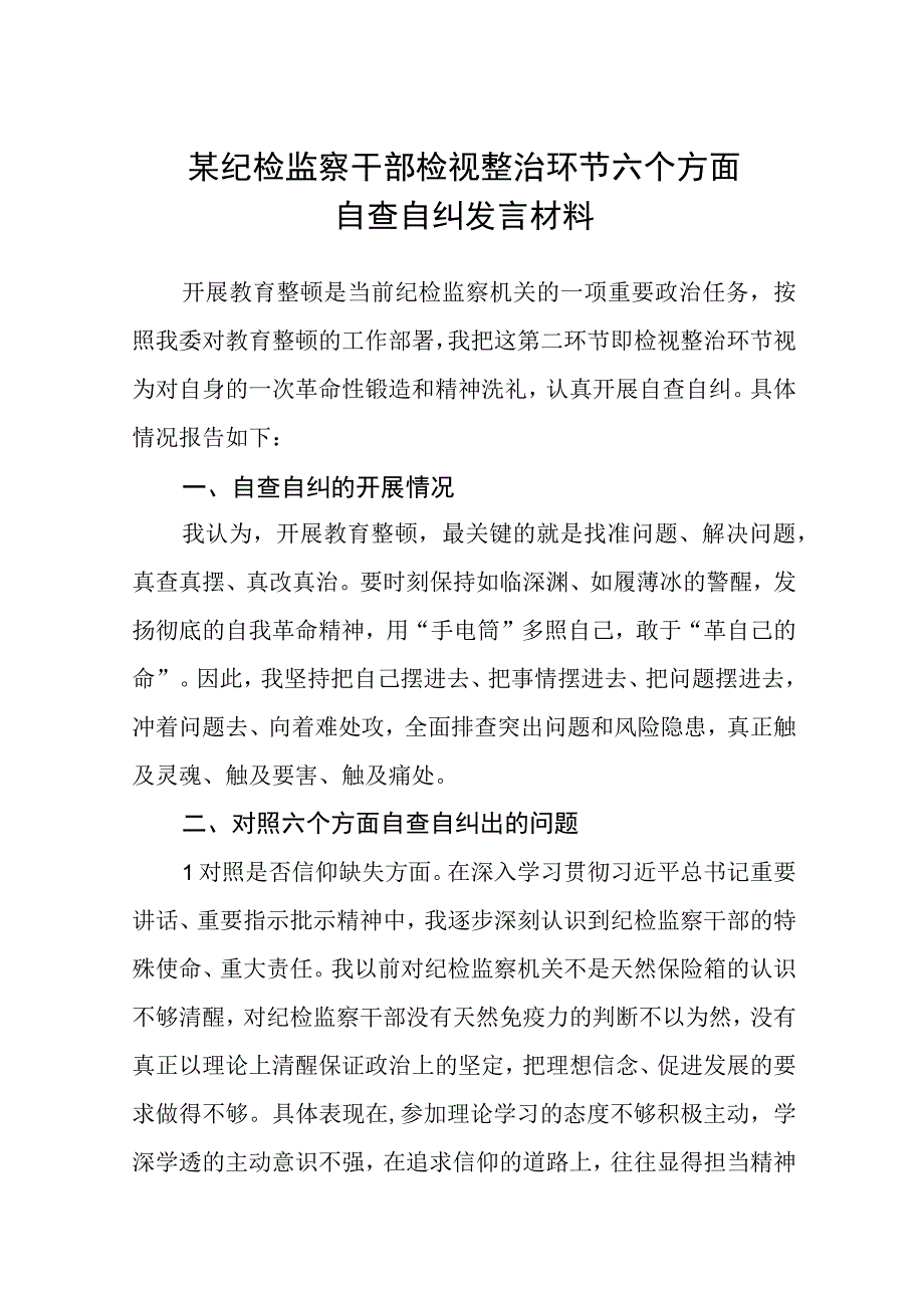 2023某纪检监察干部检视整治环节六个方面自查自纠发言材料精选版八篇.docx_第1页