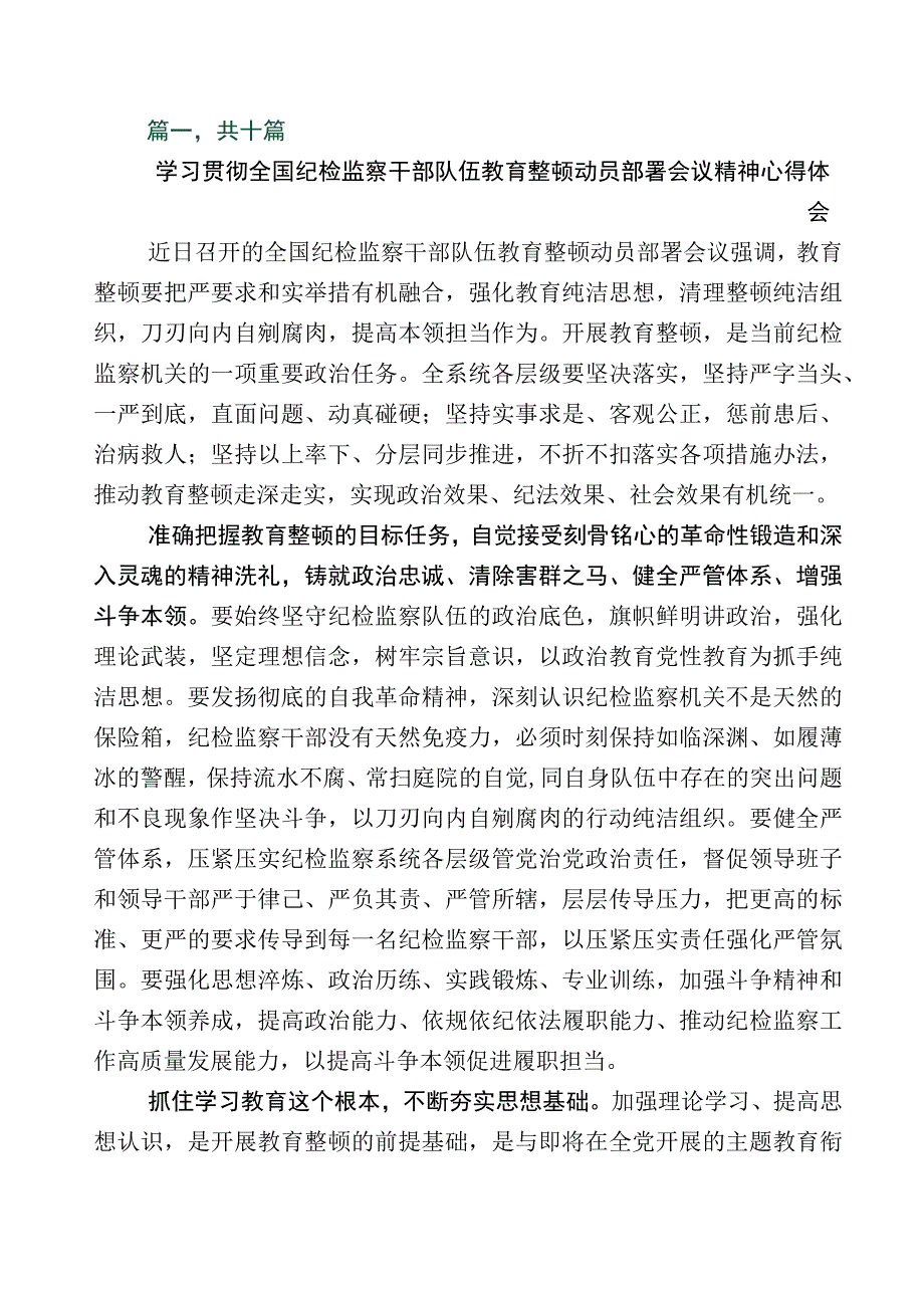 2023年全面落实纪检监察干部队伍教育整顿的发言材料数篇及数篇工作情况汇报和工作方案.docx_第1页