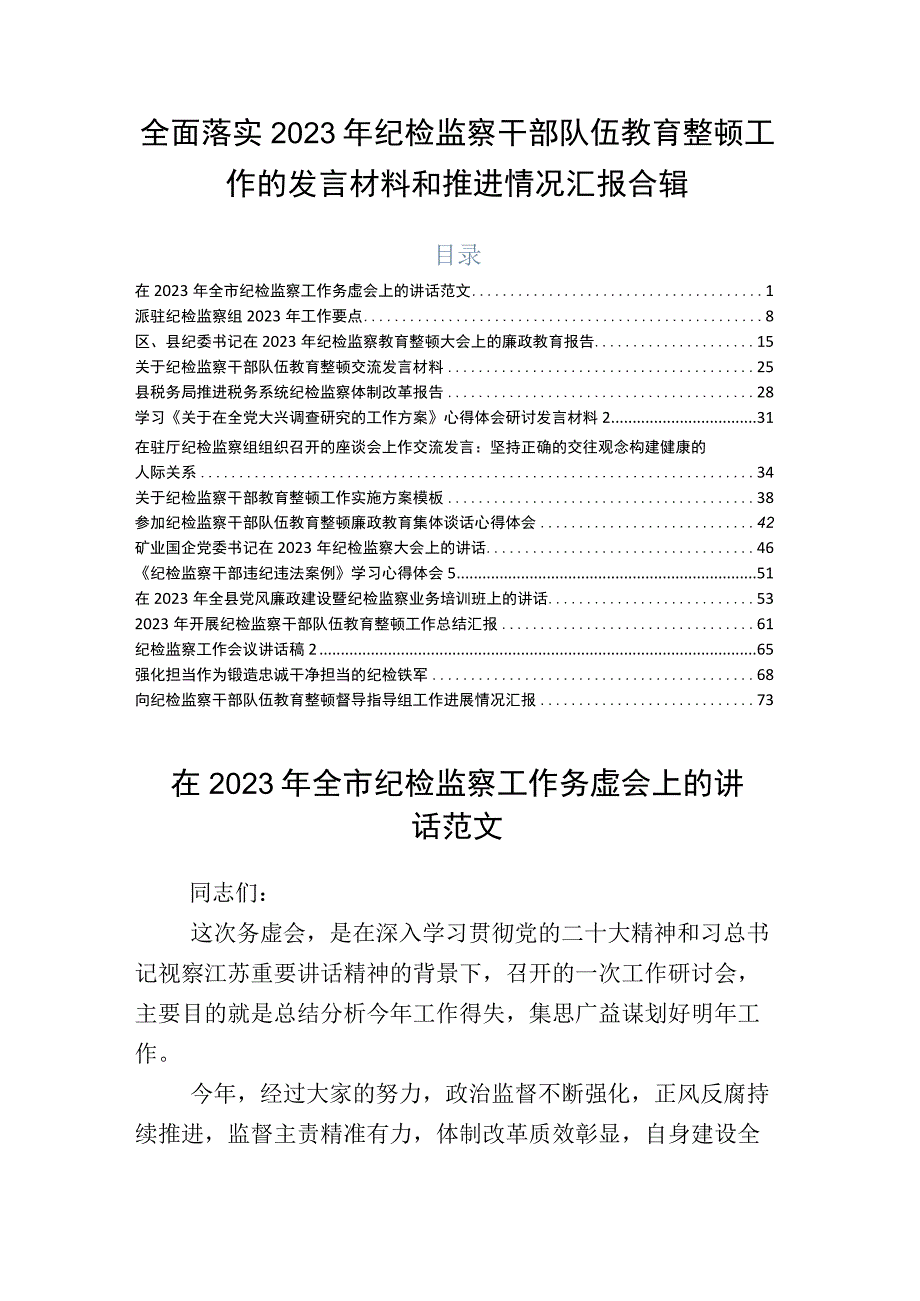 全面落实2023年纪检监察干部队伍教育整顿工作的发言材料和推进情况汇报合辑.docx_第1页