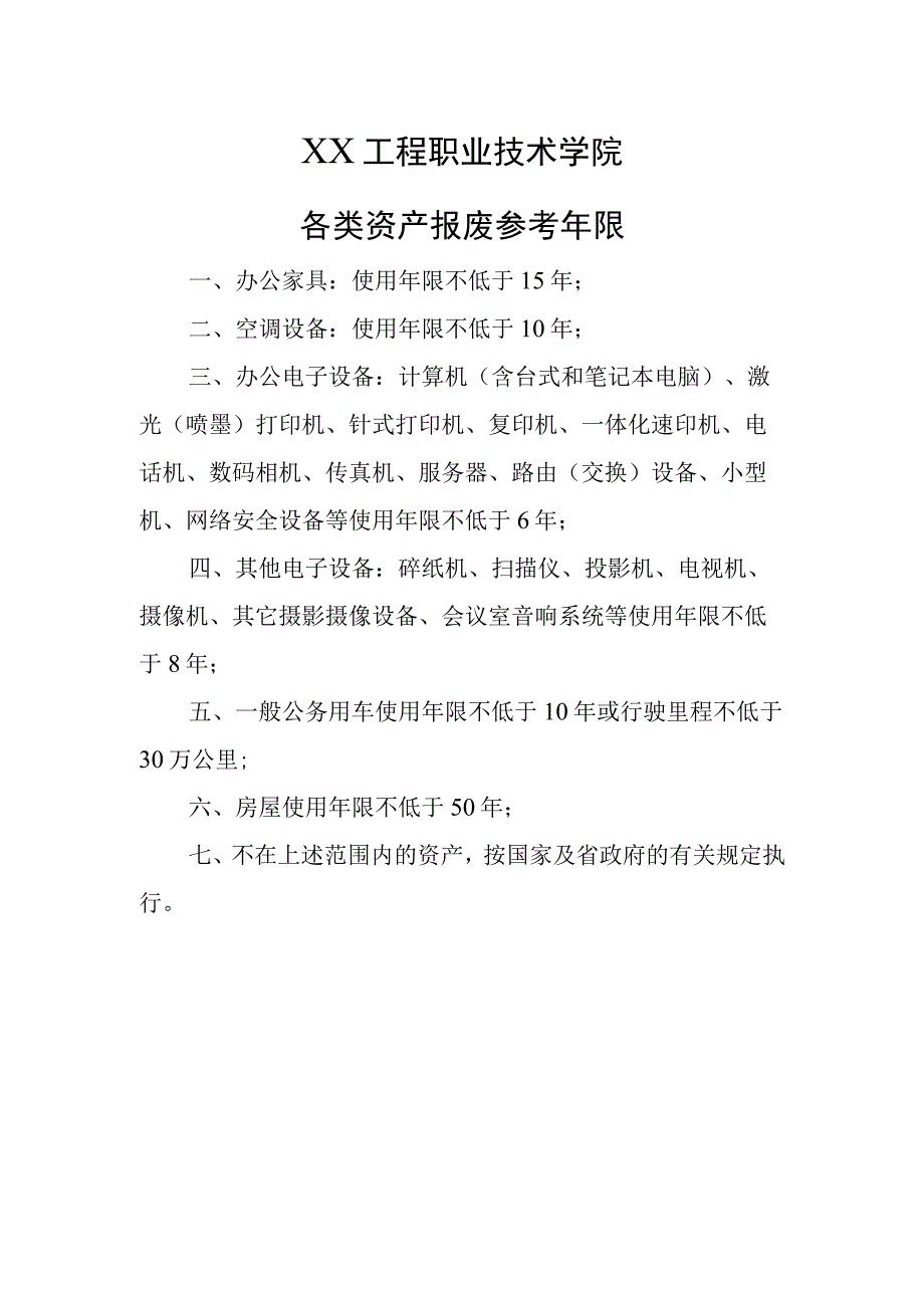 XX工程职业技术学院各类资产报废参考年限.docx_第1页