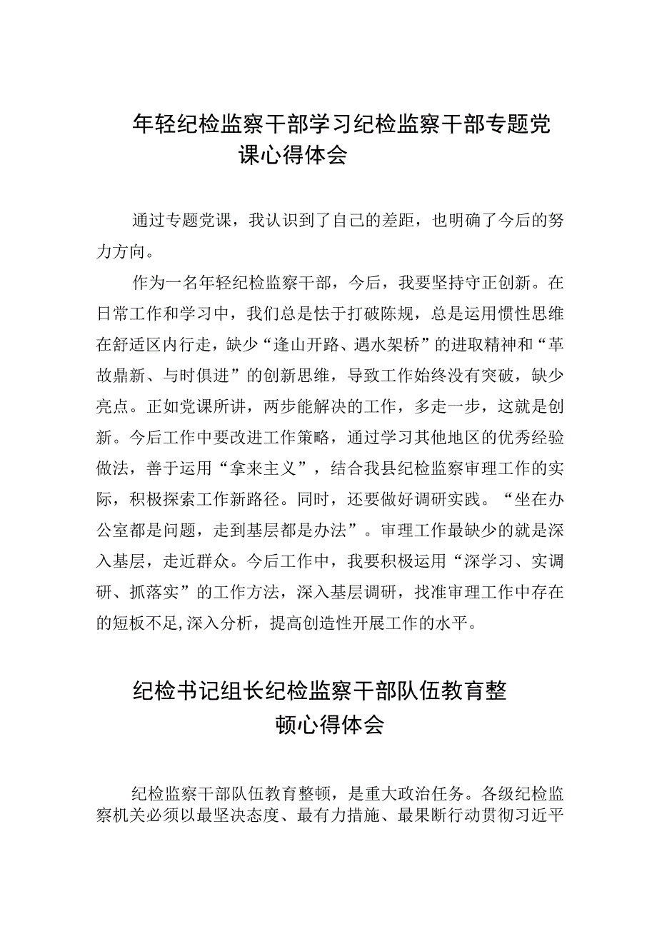 2023年轻纪检监察干部学习纪检监察干部专题党课心得体会精选五篇通用.docx_第1页