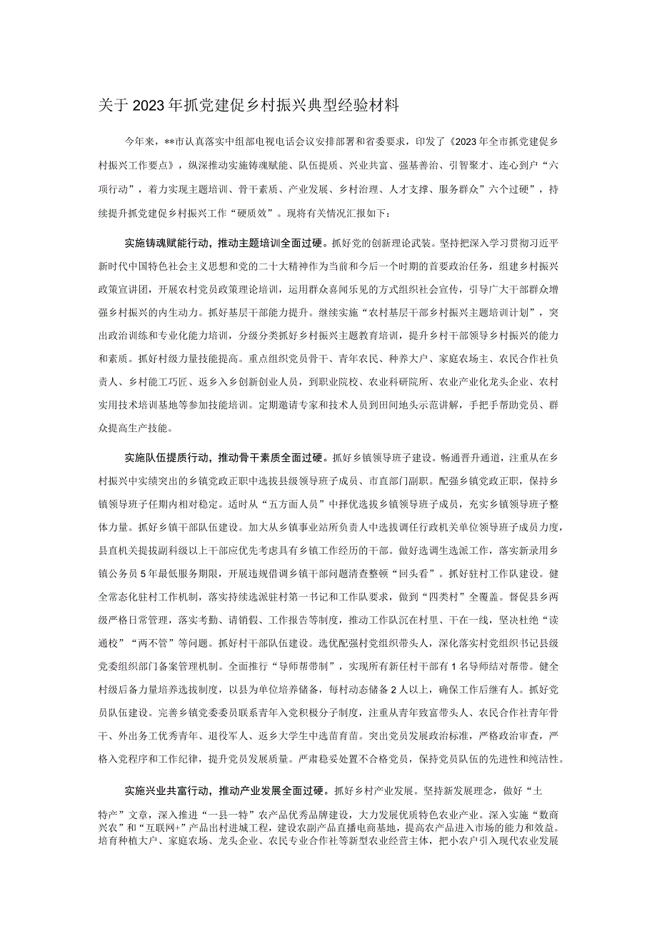 关于2023年抓党建促乡村振兴典型经验材料.docx_第1页