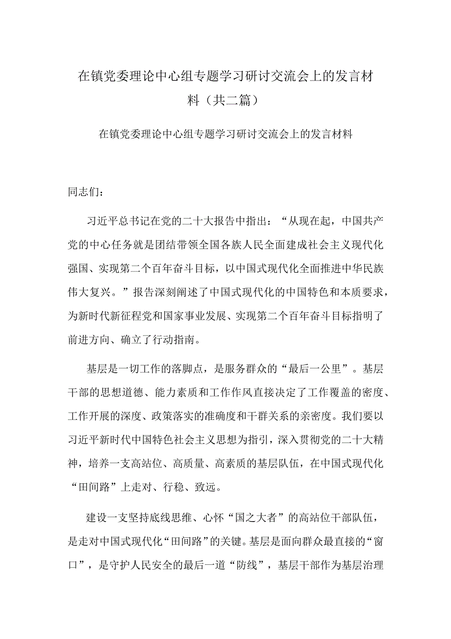 在镇党委理论中心组专题学习研讨交流会上的发言材料共二篇.docx_第1页