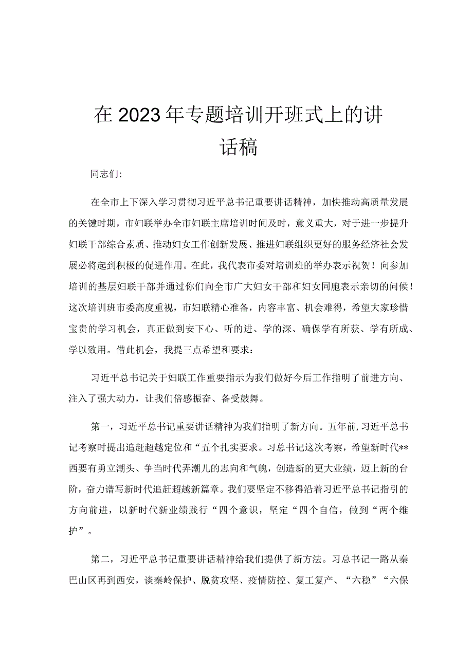 在2023年专题培训开班式上的讲话稿.docx_第1页