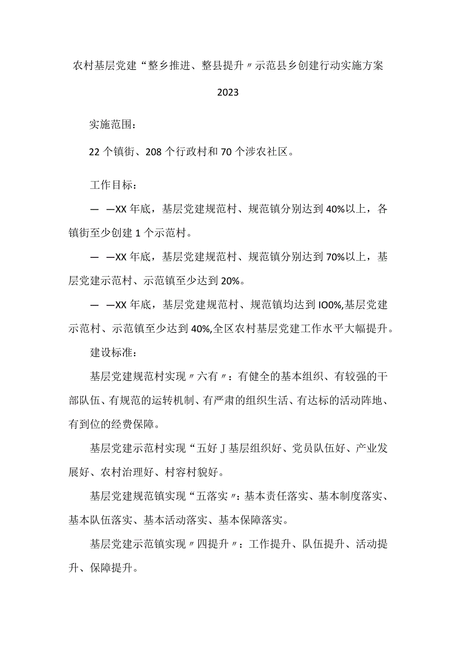 农村基层党建整乡推进整县提升 示范县乡创建行动实施方案2023.docx_第1页