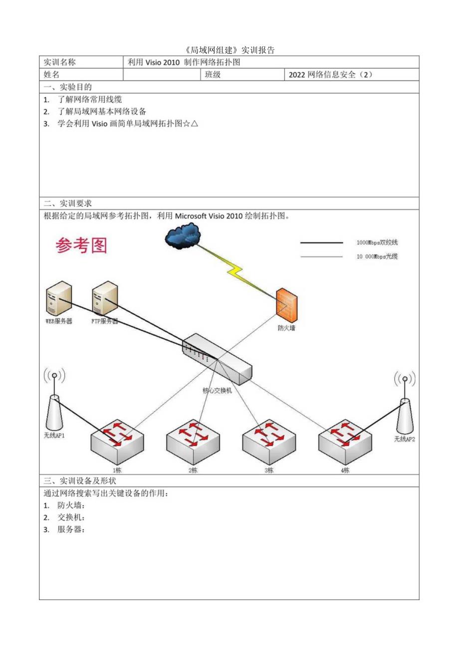 实训报告：利用Visio 2010 制作网络拓扑图公开课教案教学设计课件资料.docx_第1页