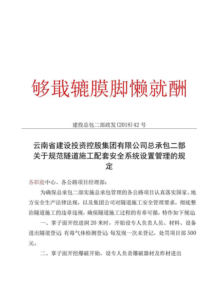 云南省建设投资控股集团有限公司总承包二部关于规范隧道施工配套安全系统设置管理的规定.docx_第1页