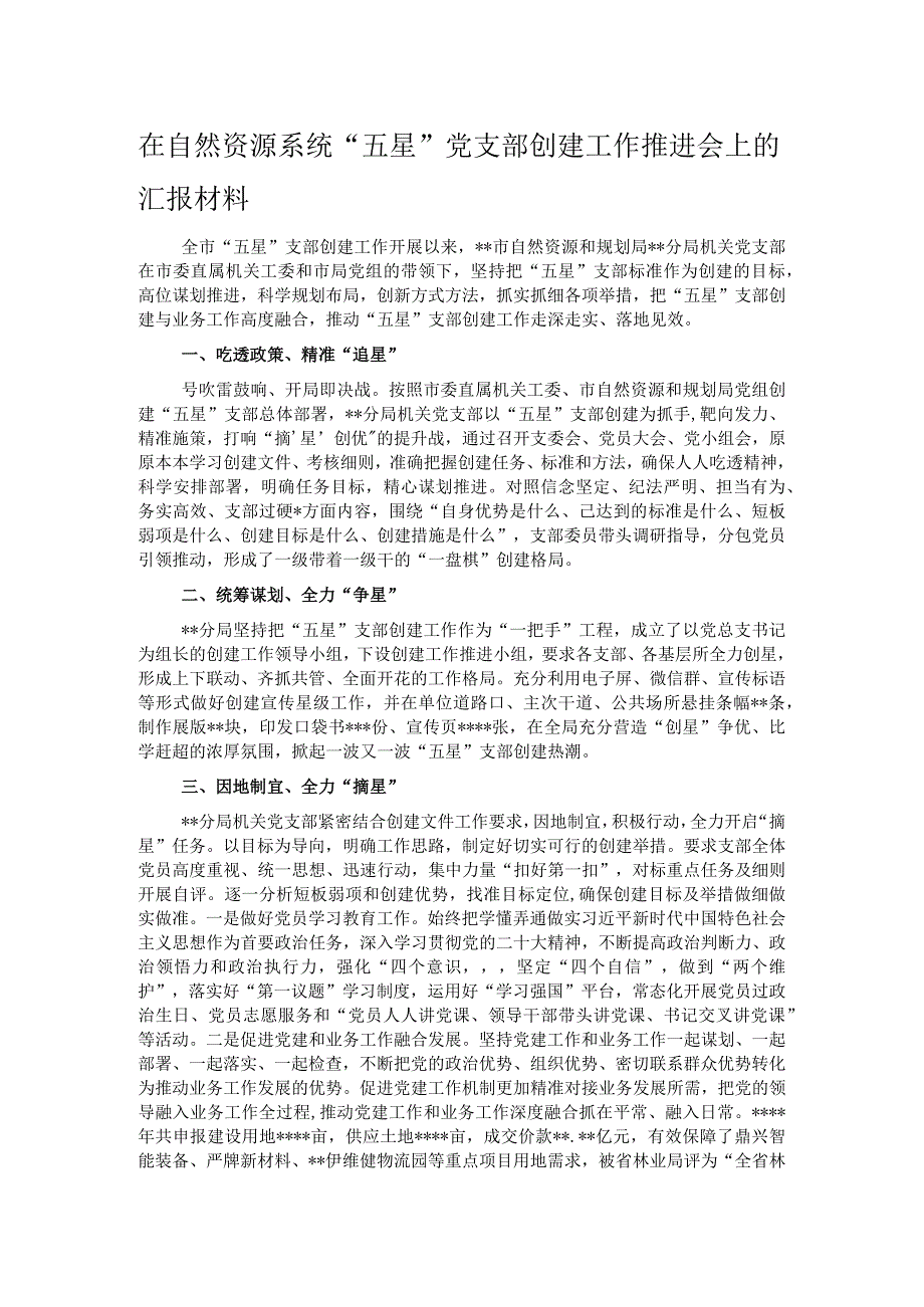 在自然资源系统五星党支部创建工作推进会上的汇报材料.docx_第1页