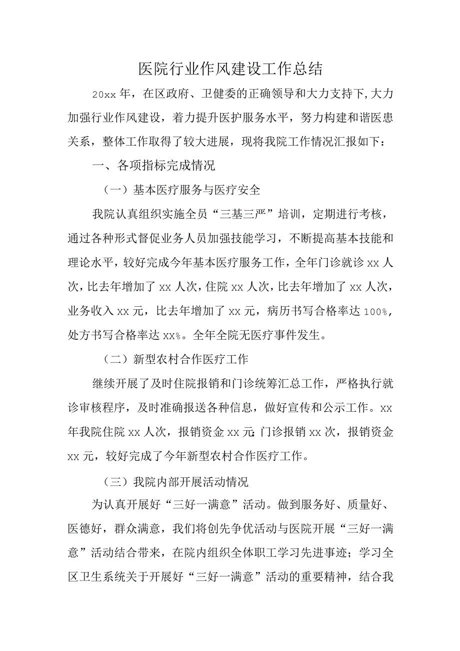 医院行业作风建设工作总结.docx_第1页