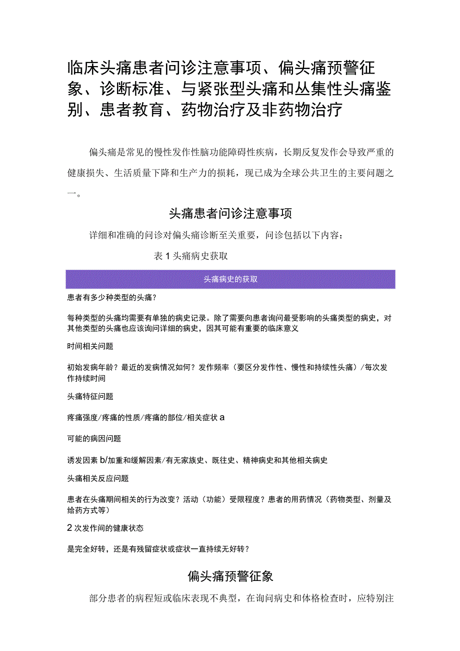 临床头痛患者问诊注意事项偏头痛预警征象诊断标准与紧张型头痛和丛集性头痛鉴别患者教育药物治疗及非药物治疗.docx_第1页