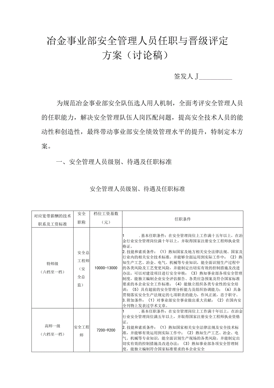 冶金事业部安全管理人员任职与晋级评定方案讨论稿.docx_第1页