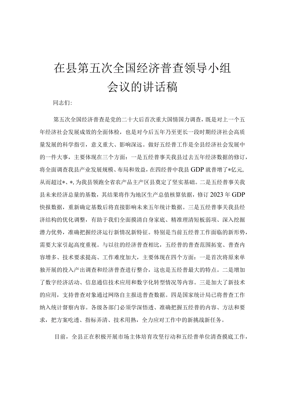 在县第五次全国经济普查领导小组会议的讲话稿.docx_第1页