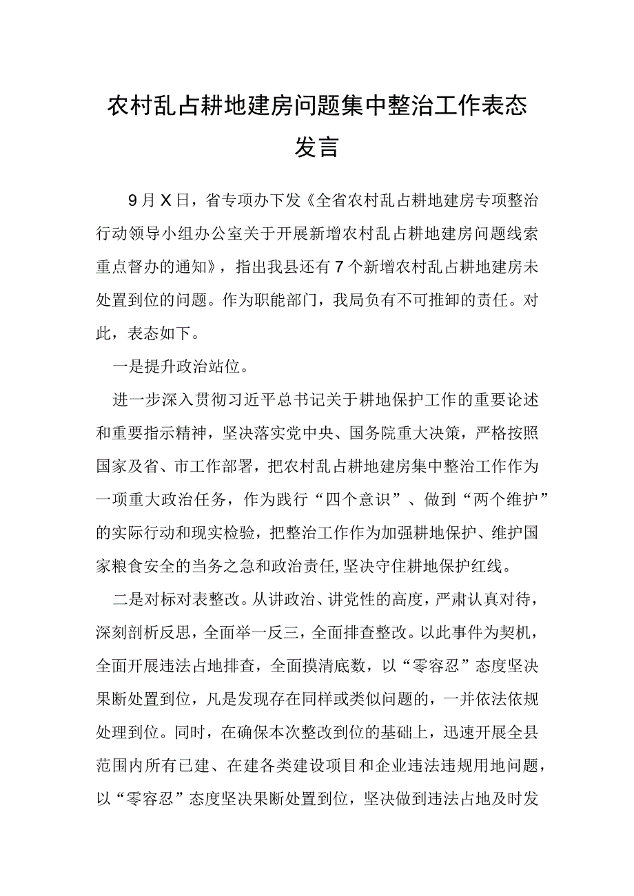 农村乱占耕地建房问题集中整治工作表态发言.docx_第1页