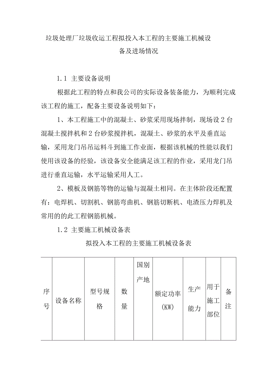 垃圾处理厂垃圾收运工程拟投入本工程的主要施工机械设备及进场情况.docx_第1页