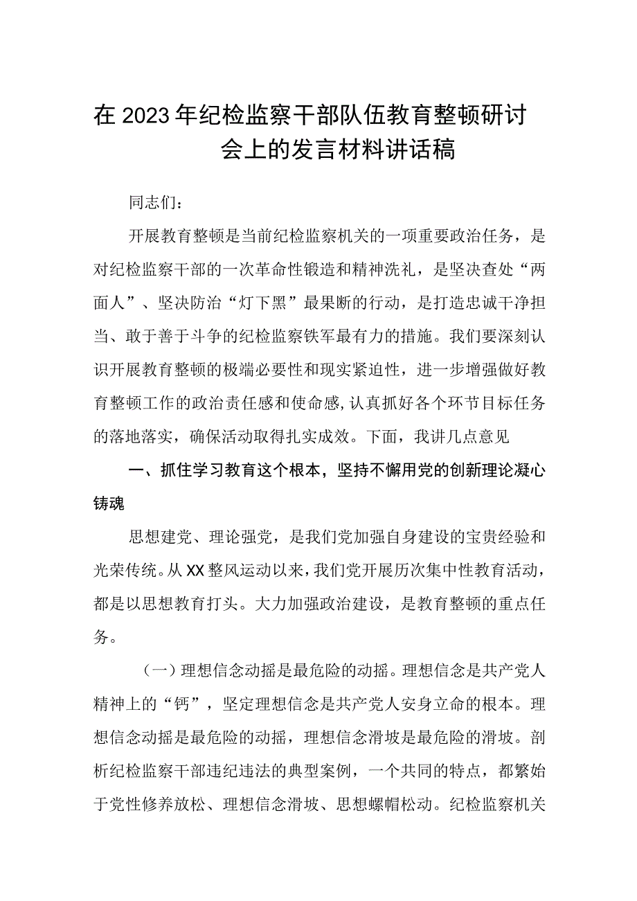 在2023年纪检监察干部队伍教育整顿研讨会上的发言材料讲话稿精选八篇例文.docx_第1页