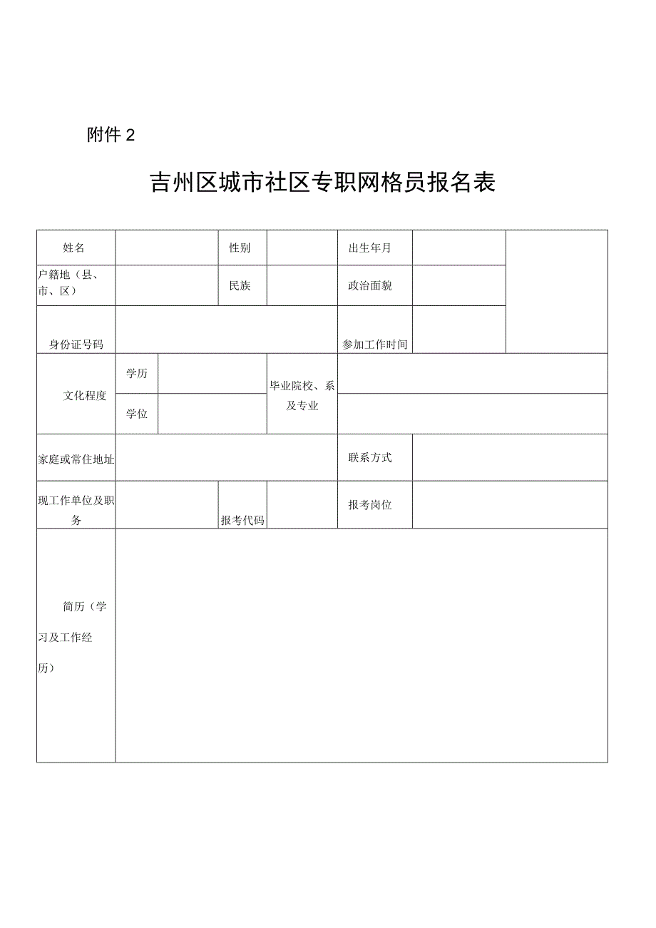 吉州区城市社区专职网格员报名表.docx_第1页