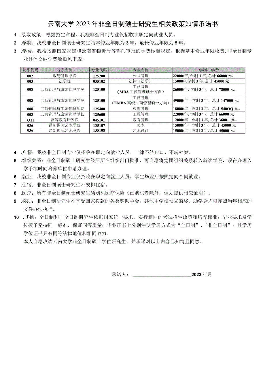 云南大学2023年非全日制硕士研究生相关政策知情承诺书.docx_第1页