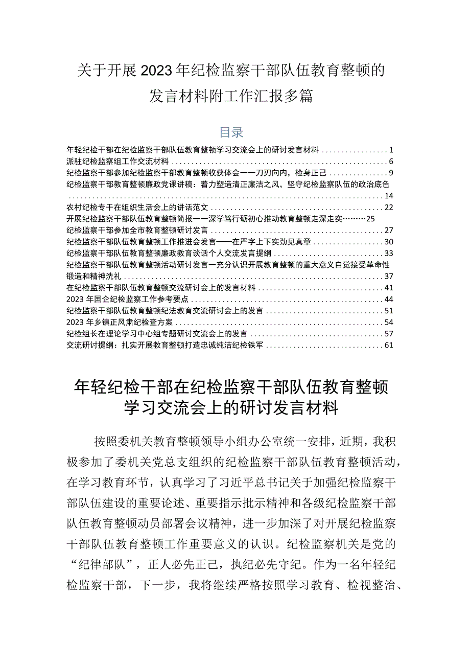 关于开展2023年纪检监察干部队伍教育整顿的发言材料附工作汇报多篇.docx_第1页