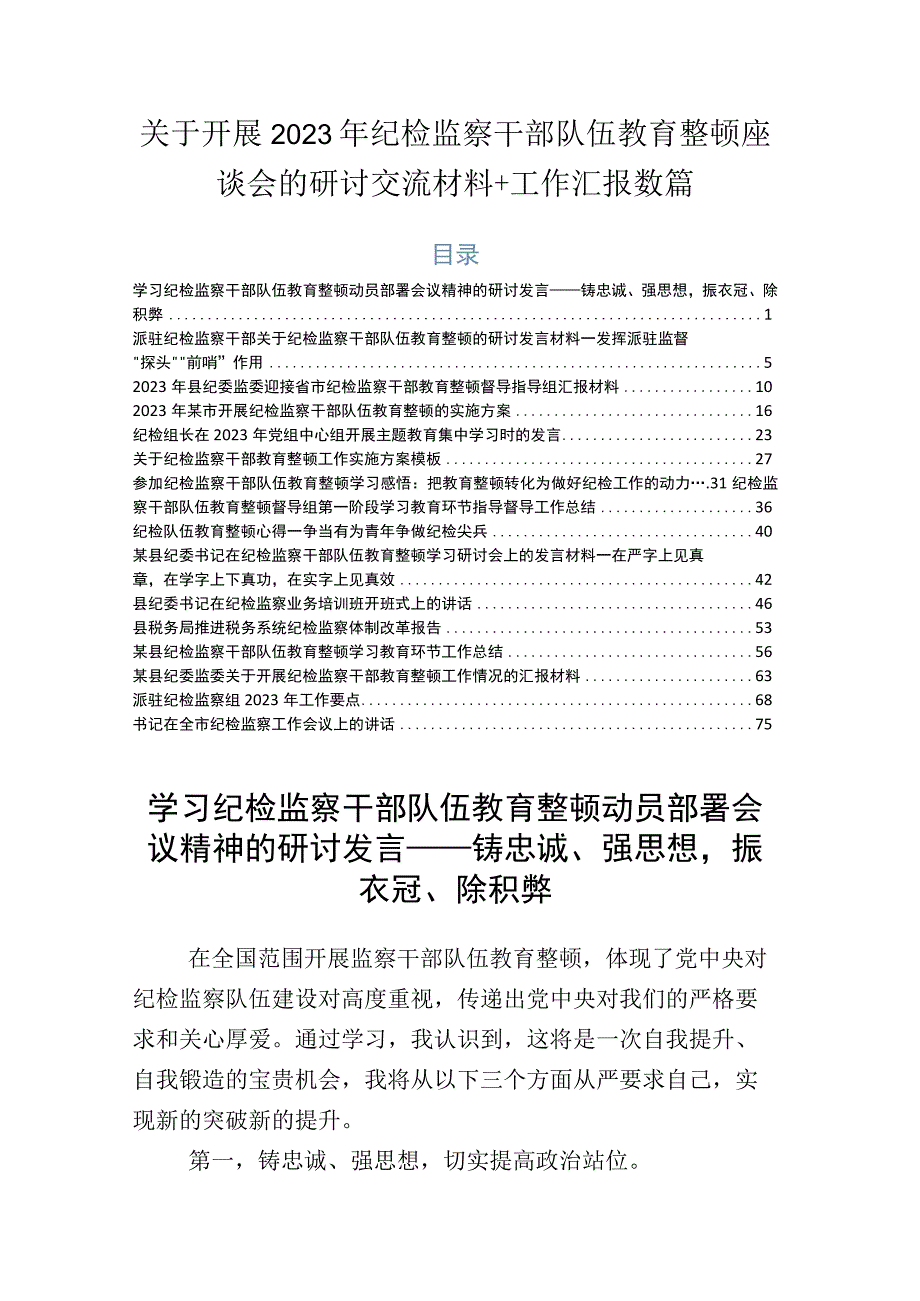 关于开展2023年纪检监察干部队伍教育整顿座谈会的研讨交流材料+工作汇报数篇.docx_第1页