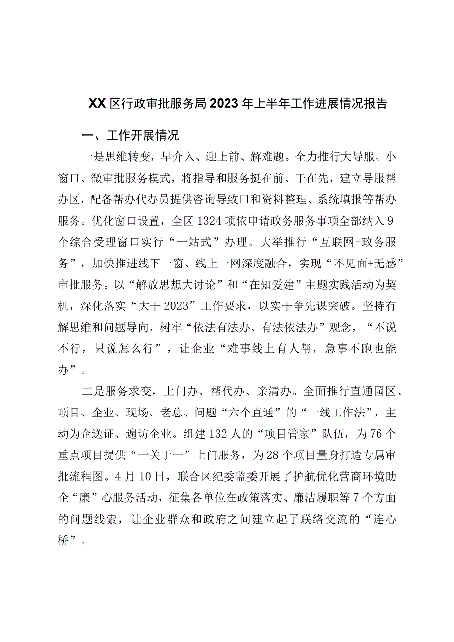 区行政审批服务局2023年上半年工作进展情况报告.docx_第1页