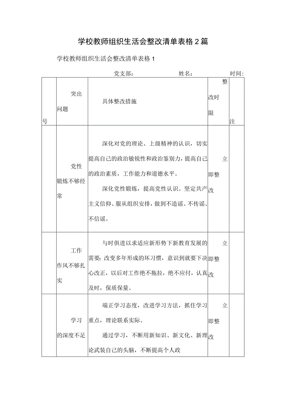 组织生活会整改清单表格2篇.docx_第1页