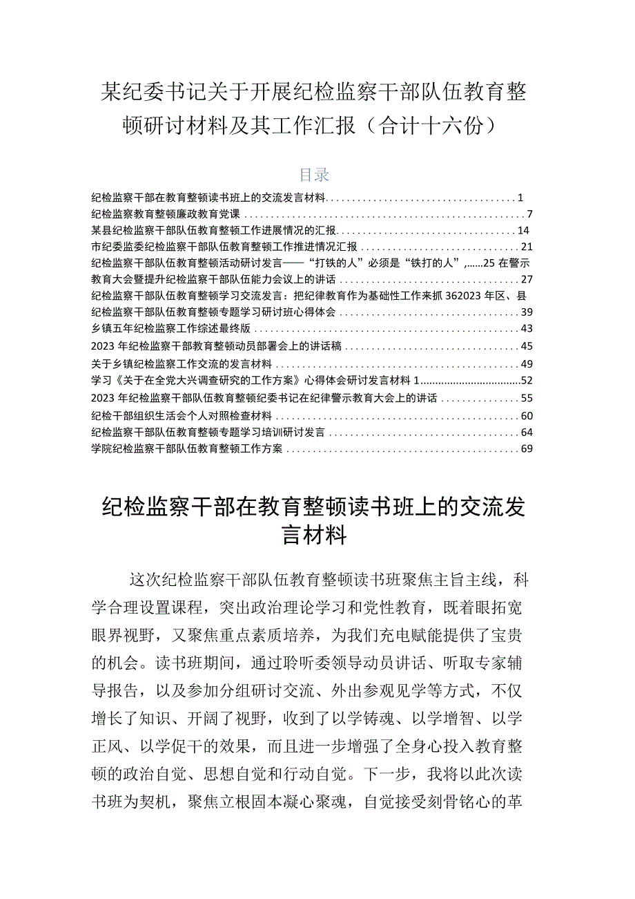 某纪委书记关于开展纪检监察干部队伍教育整顿研讨材料及其工作汇报合计十六份.docx_第1页