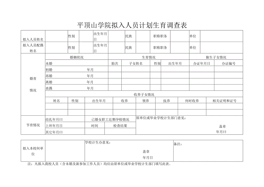 平顶山学院拟入人员计划生育调查表.docx_第1页