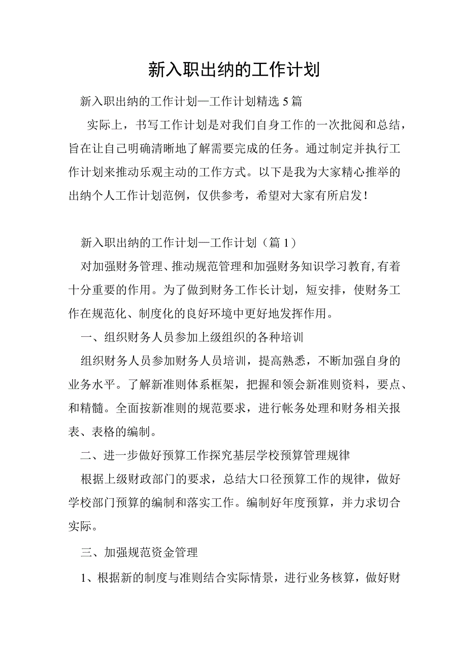 新入职出纳的工作计划.docx_第1页