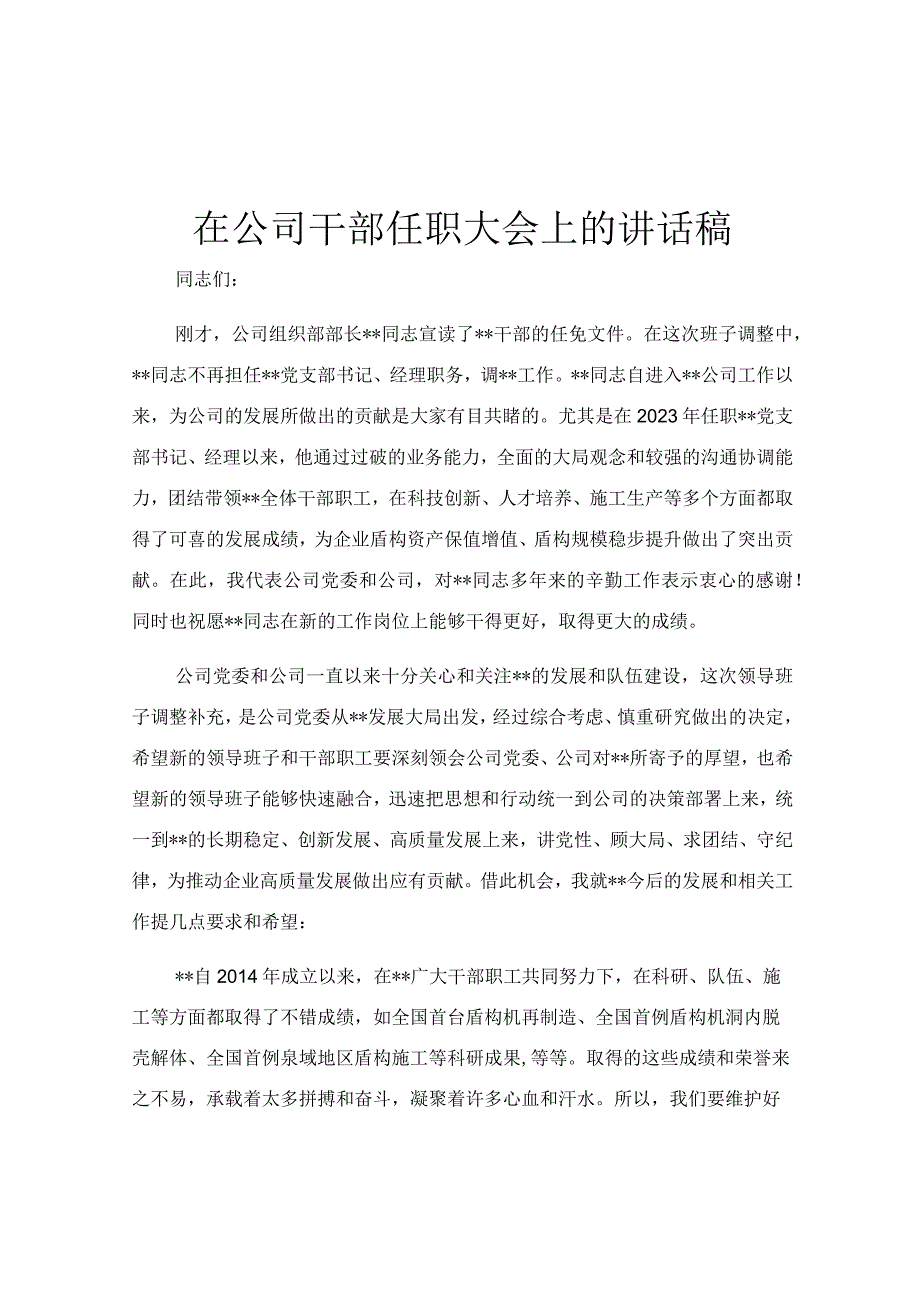 在公司干部任职大会上的讲话稿.docx_第1页