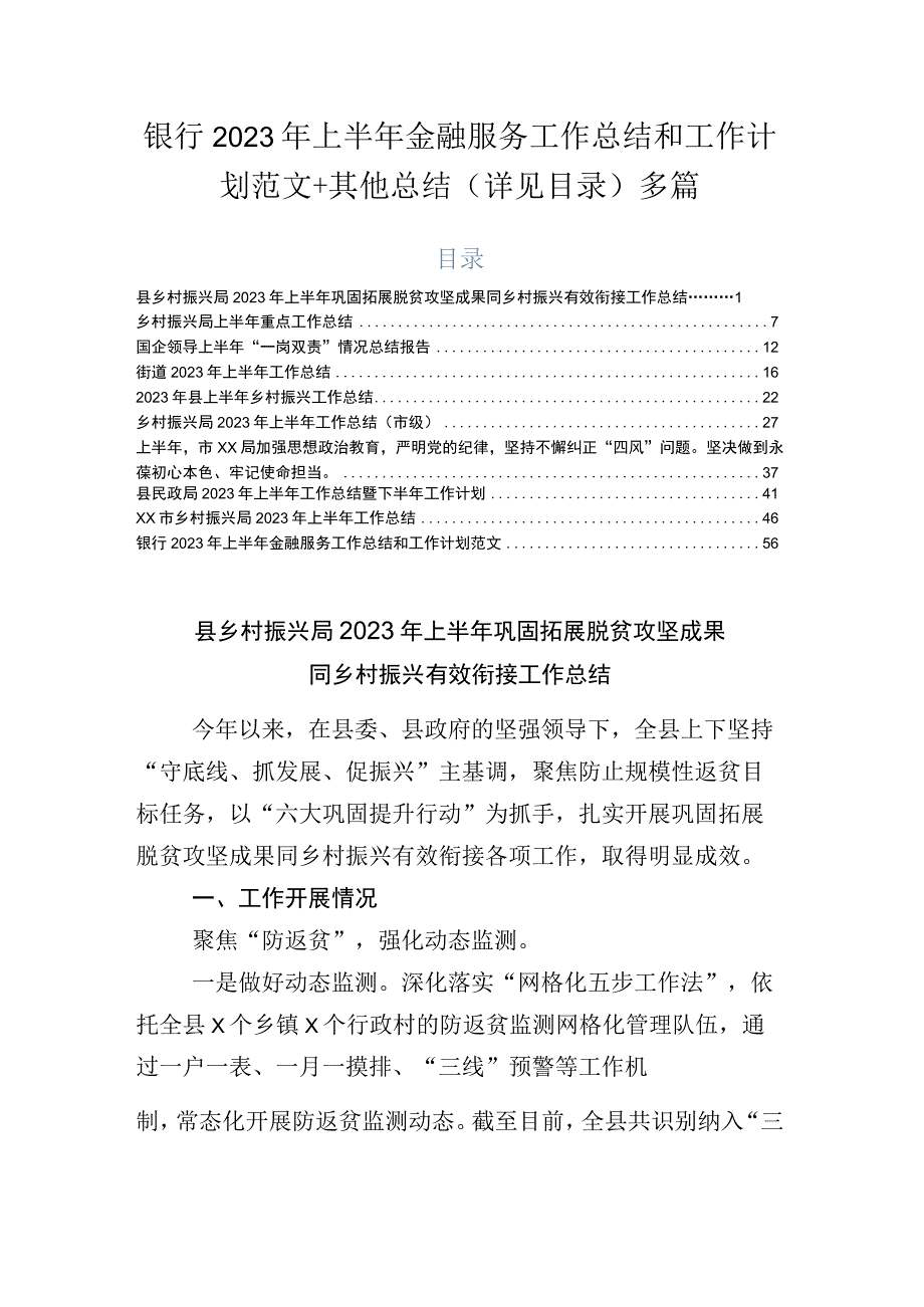 银行2023年上半年金融服务工作总结和工作计划范文+其他总结详见目录多篇.docx_第1页