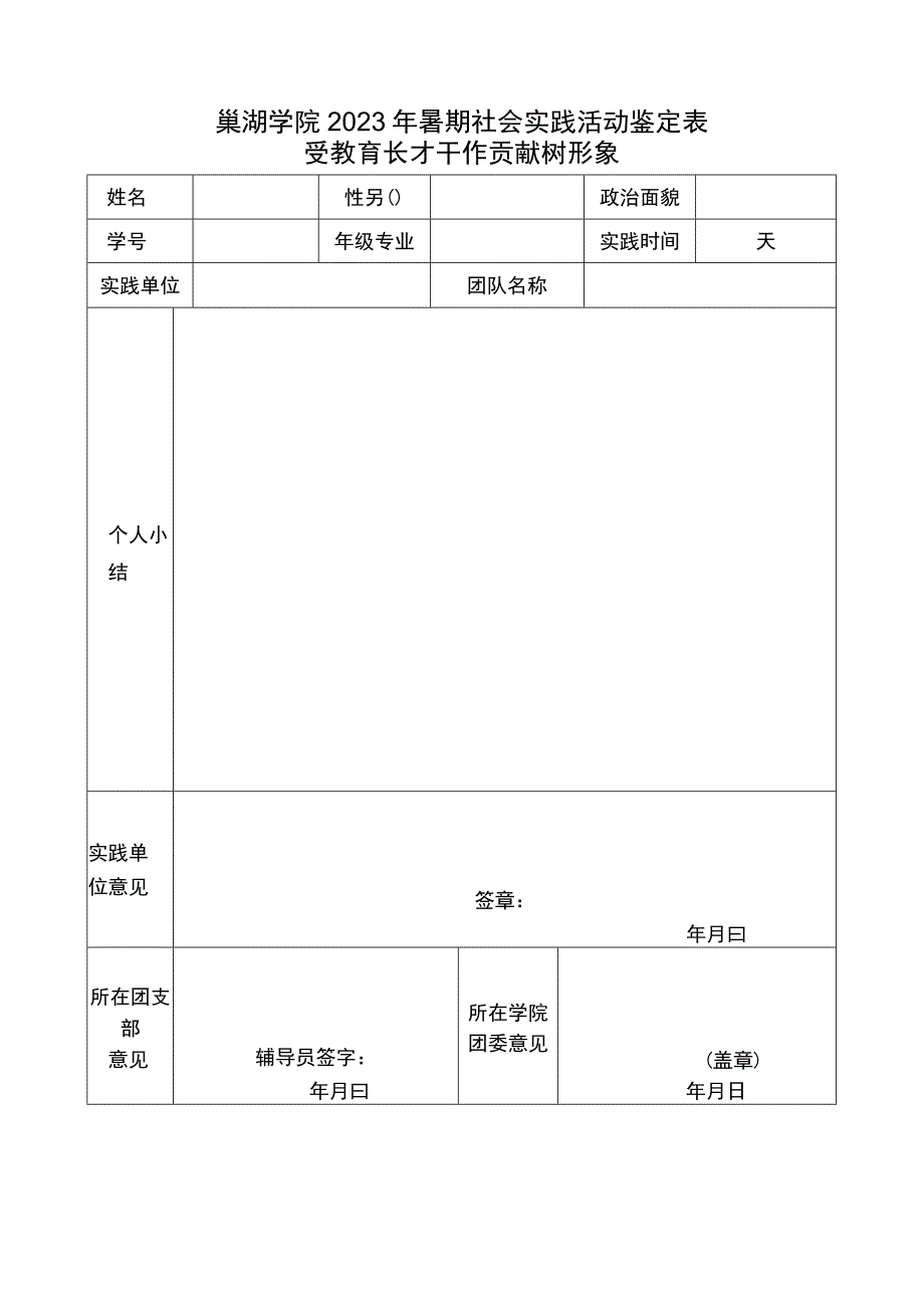 巢湖学院2023年暑期社会实践活动鉴定表.docx_第1页