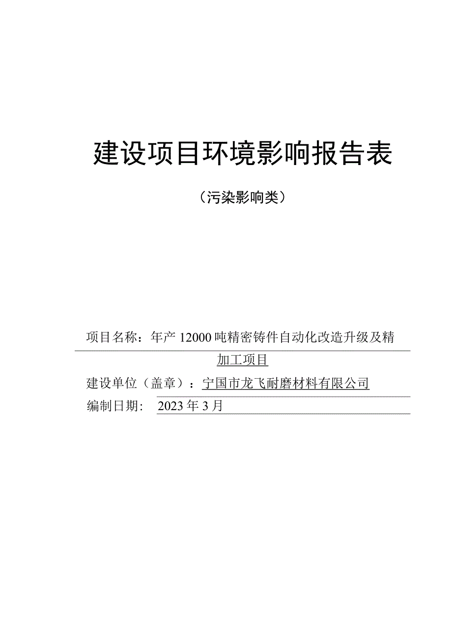 宁国市龙飞耐磨材料有限公司年产12000吨精密铸件自动化改造升级及精加工项目.docx_第1页