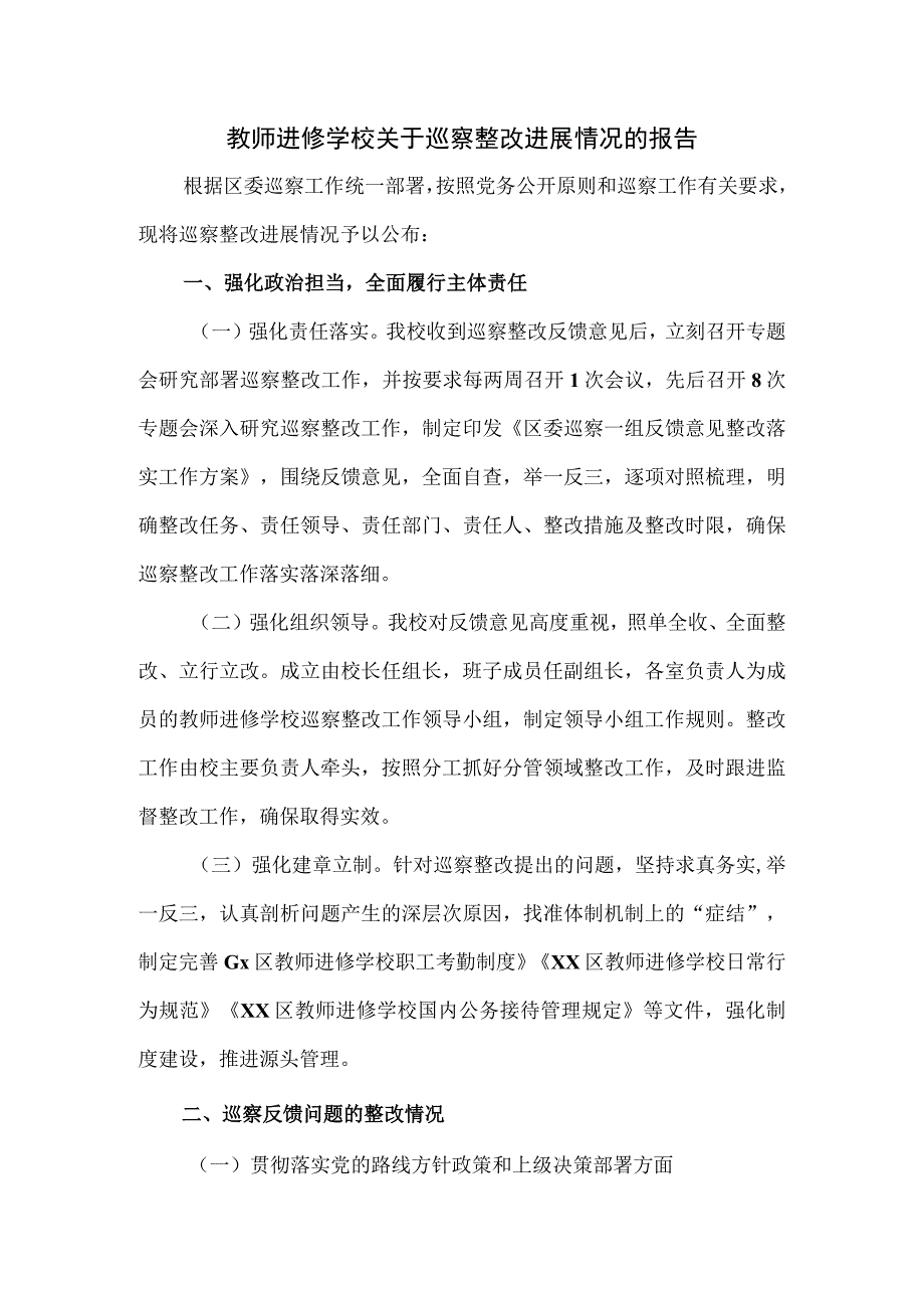 教师进修学校关于巡察整改进展情况的报告十三页.docx_第1页