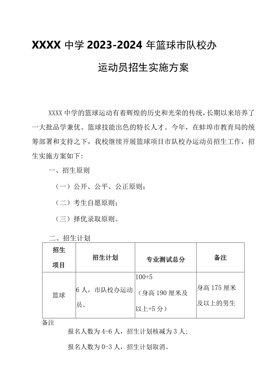 中学20232024年篮球市队校办运动员招生实施方案.docx_第1页