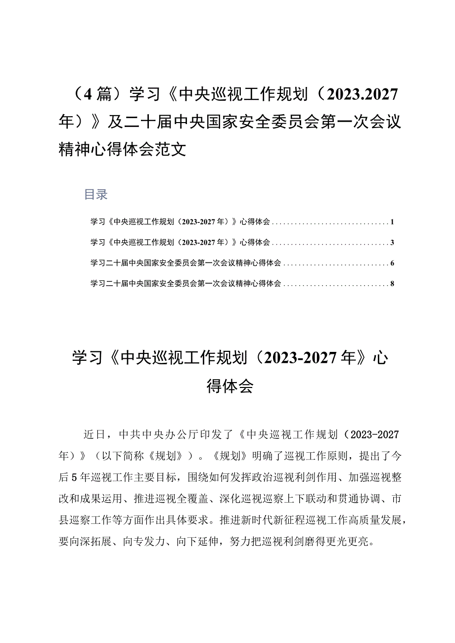 4篇学习《中央巡视工作规划20232027年》及二十届中央国家安全委员会第一次会议精神心得体会范文.docx_第1页