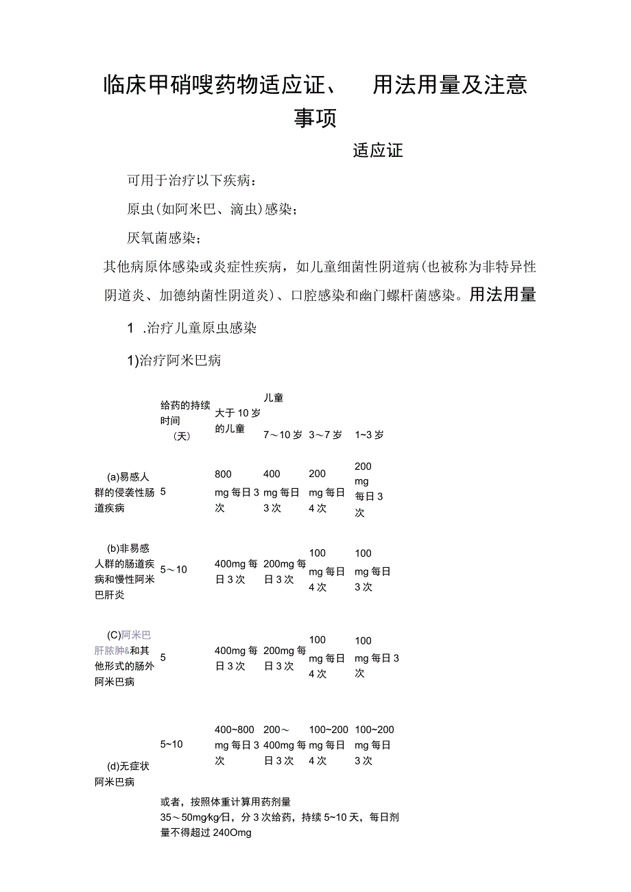 临床甲硝唑药物适应证用法用量及注意事项.docx_第1页