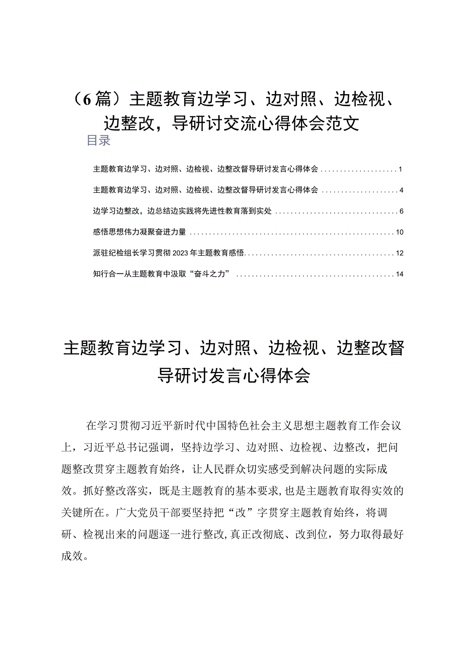 6篇主题教育边学习边对照边检视边整改督导研讨交流心得体会范文.docx_第1页