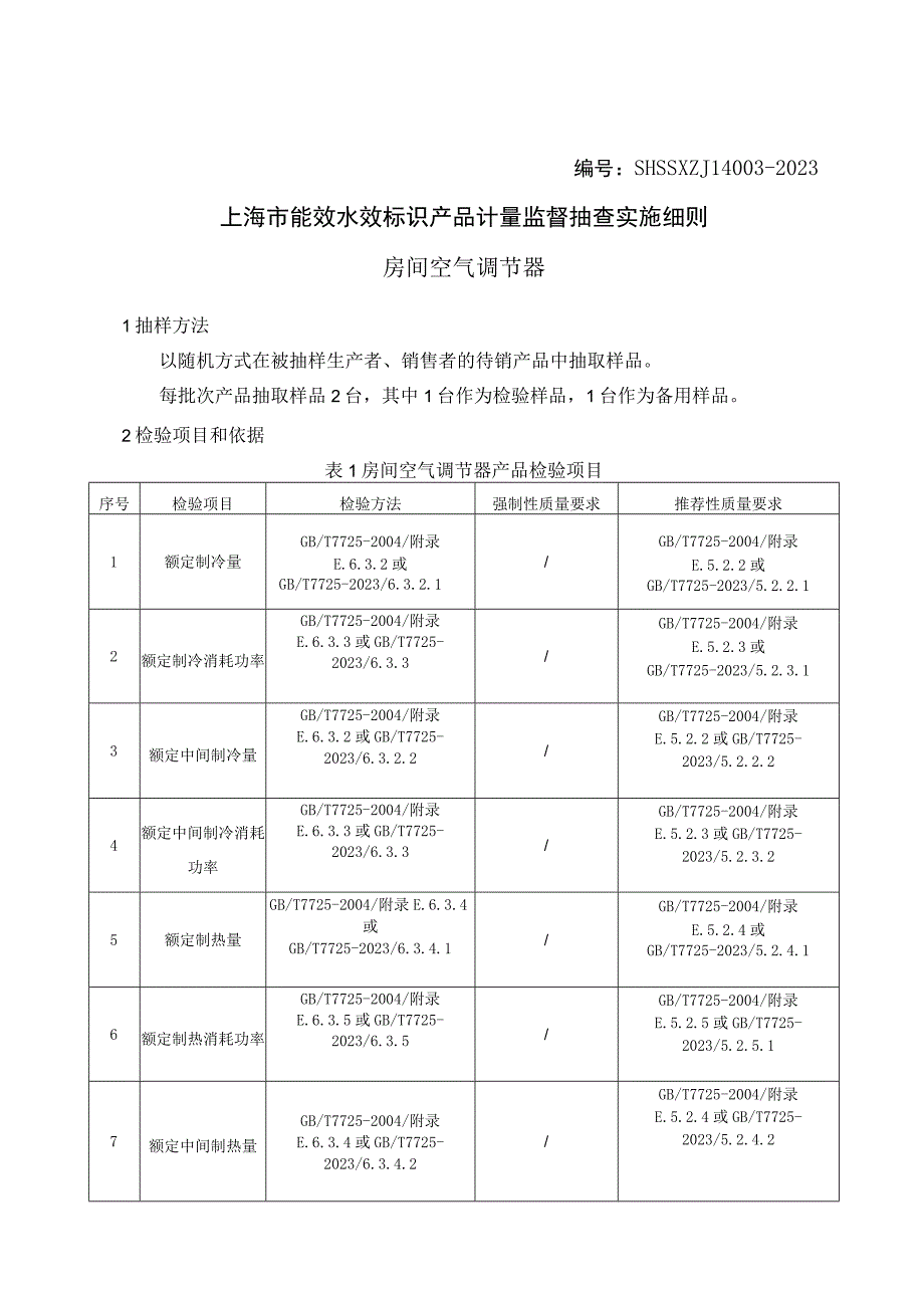 SHSSXZJL40032023 上海市能效水效标识产品计量监督抽查实施细则房间空气调节器.docx_第1页