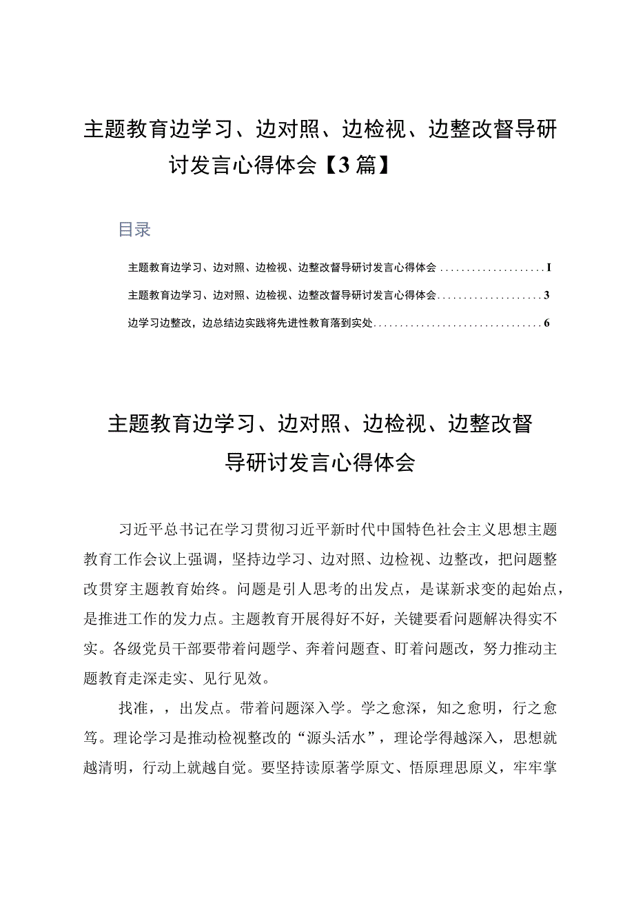 主题教育边学习边对照边检视边整改督导研讨发言心得体会3篇.docx_第1页